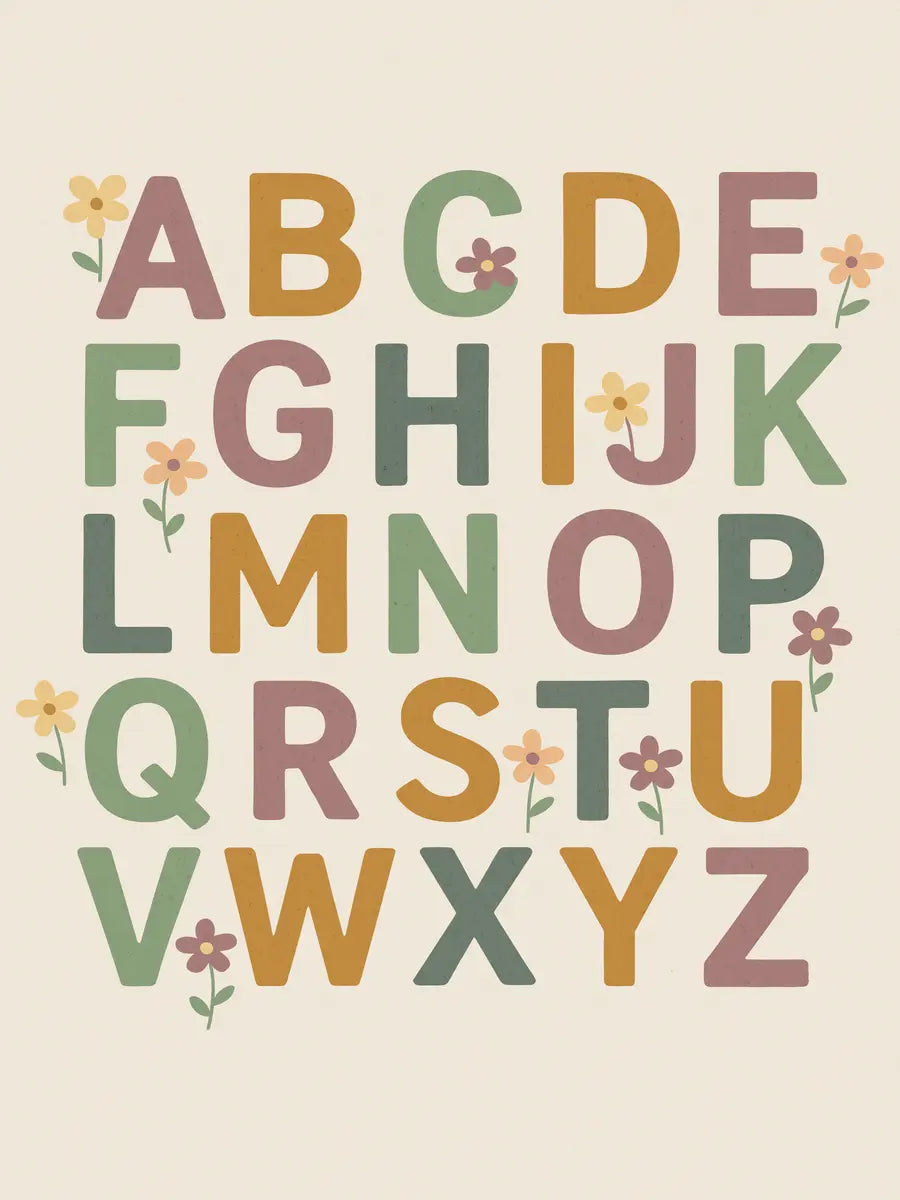 Illustration des Alphabets mit bunten Buchstaben und kleinen Blumen auf einem hellbeigen Hintergrund.