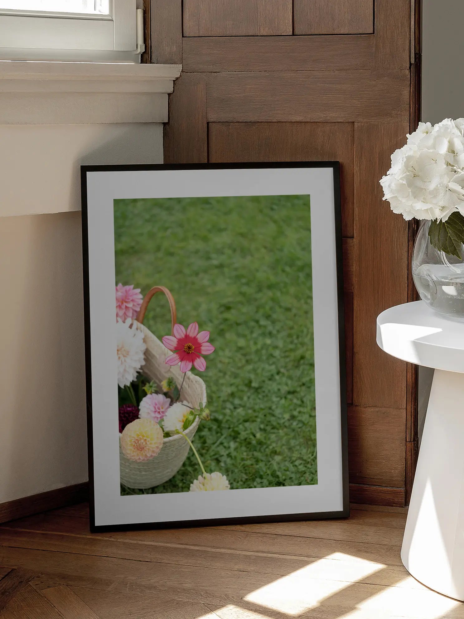 Basket Of Dahlias On Grass Poster