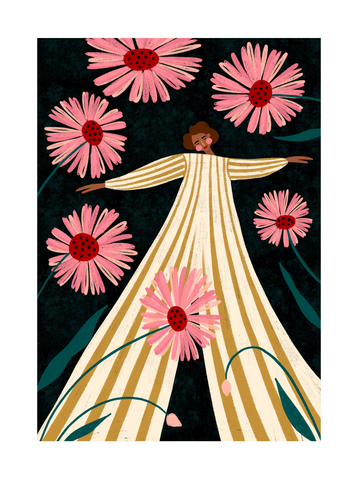 Illustration einer Frau in einem gestreiften Kleid, umgeben von pinken Blumen.