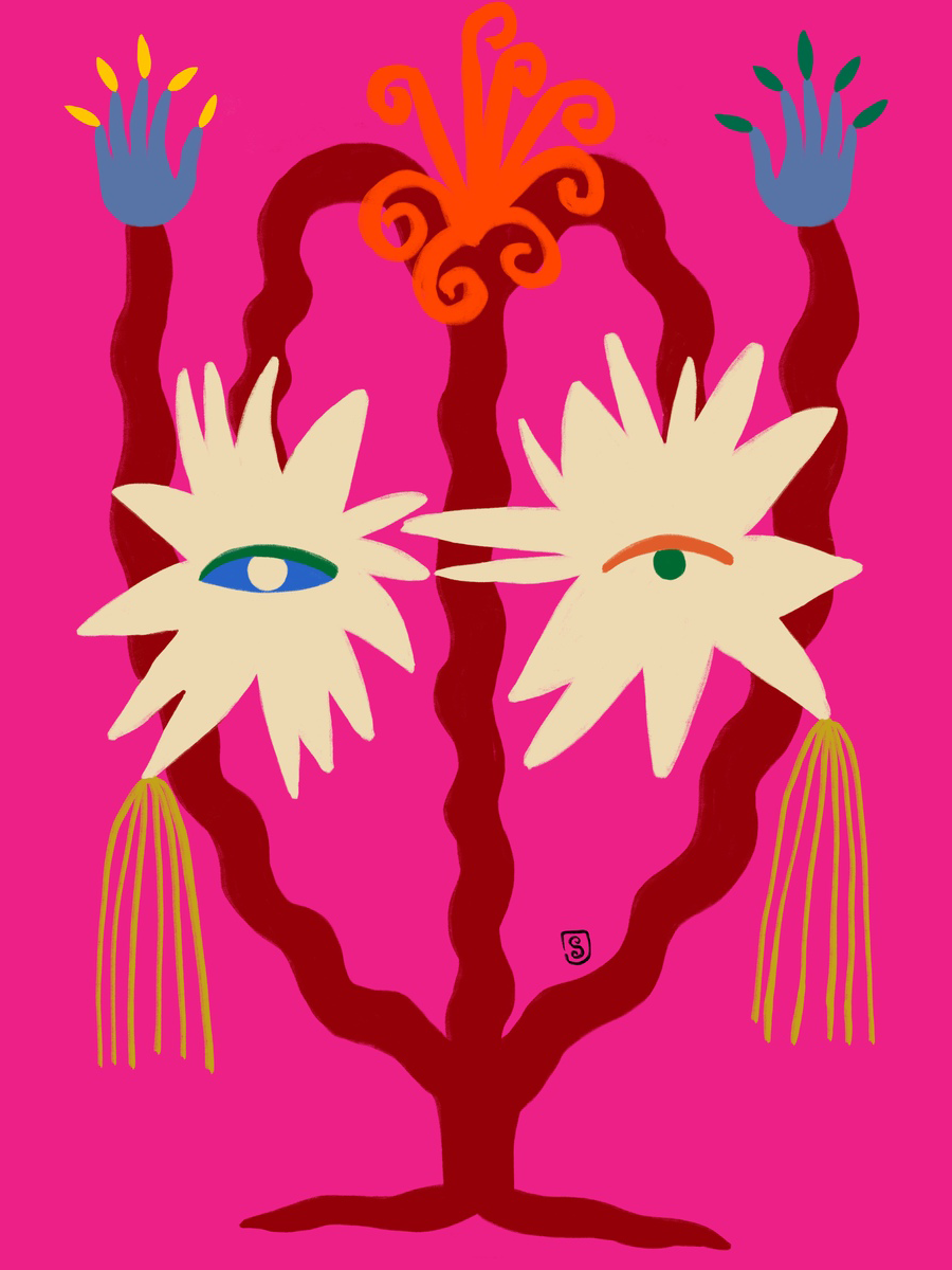 Grafische Illustration von Blumen mit Augen auf rosa Hintergrund.