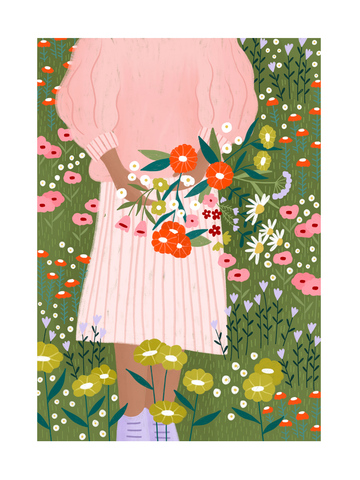 Illustration einer Frau in einem rosa Kleid mit Blumenstrauß in einem blühenden Garten.