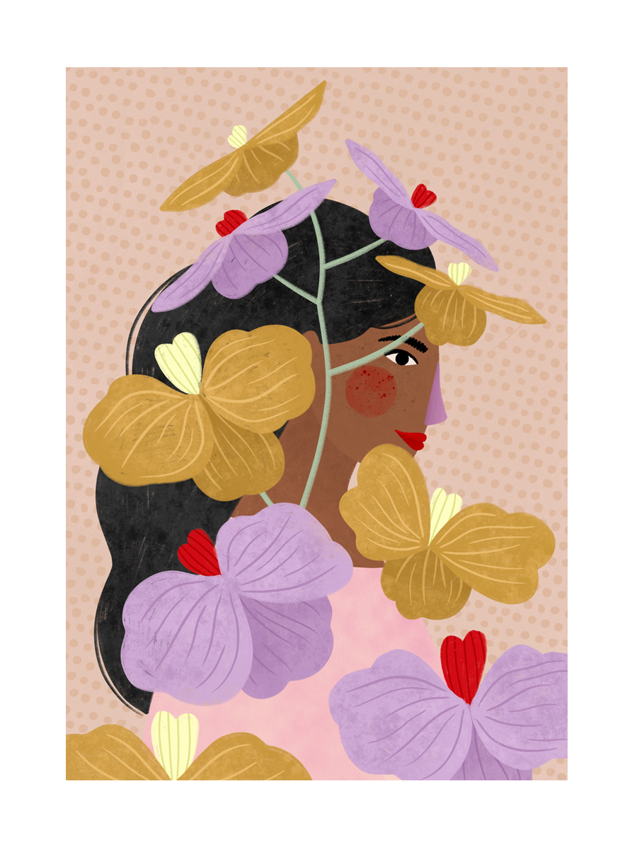 Illustration einer Frau mit dunklem Haar, umgeben von gelben und lila Blüten, auf beigem Hintergrund mit Punkten.