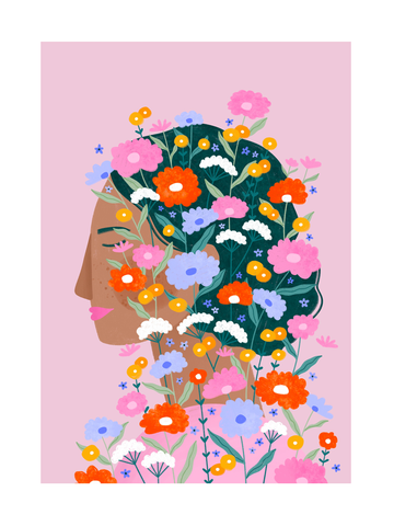 Illustration einer Frau mit blumenbedecktem Haar auf rosa Hintergrund.