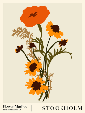 Illustration eines Straußes aus orangefarbenen Blumen mit Text auf beigem Hintergrund.