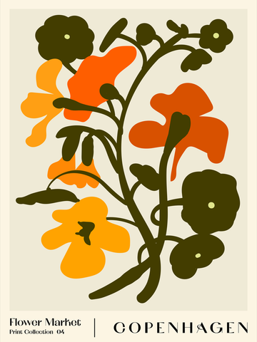 Grafische Illustration eines Blumenstraußes in Orange, Gelb und Grün auf beigem Hintergrund mit Text "Flower Market Copenhagen" darunter.