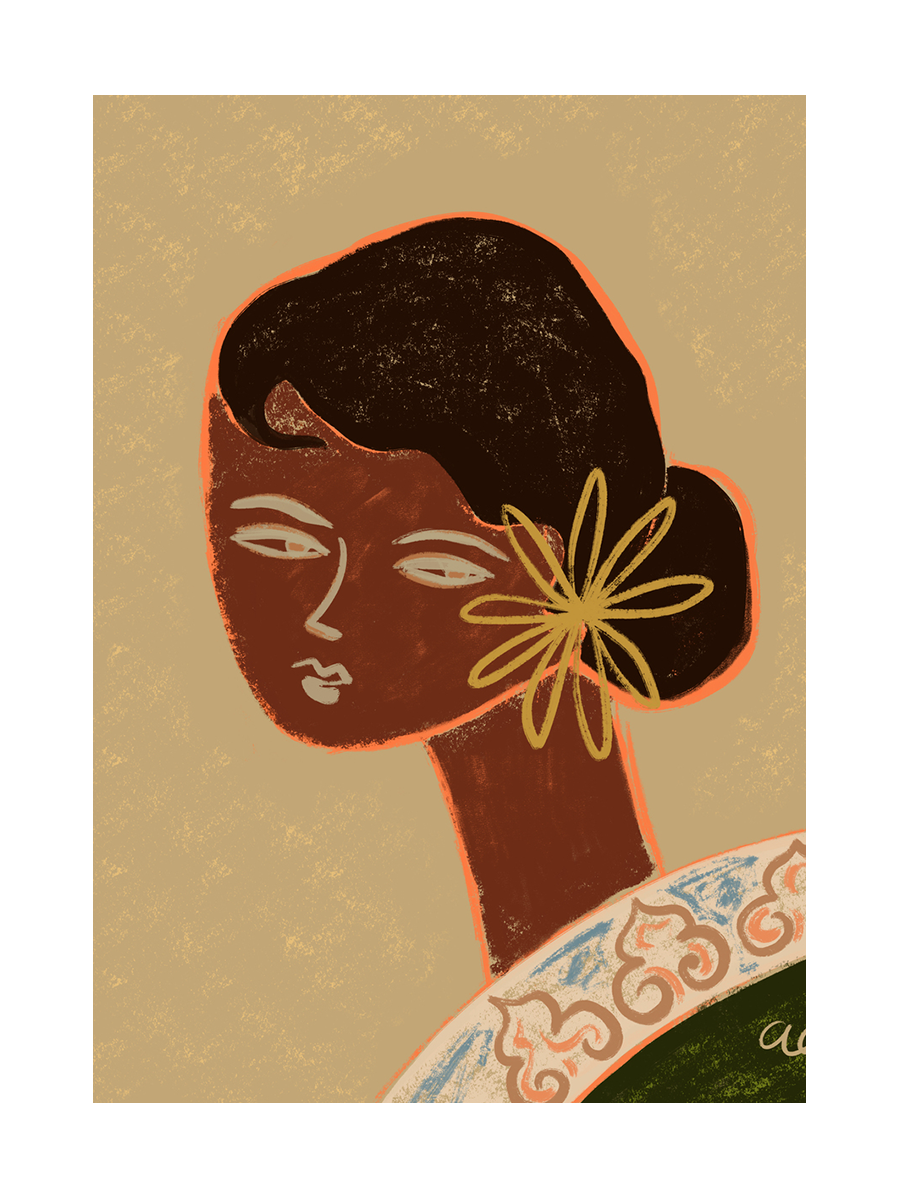 Illustration einer Frau mit einer Blume im Haar und einem gemusterten Kleid.