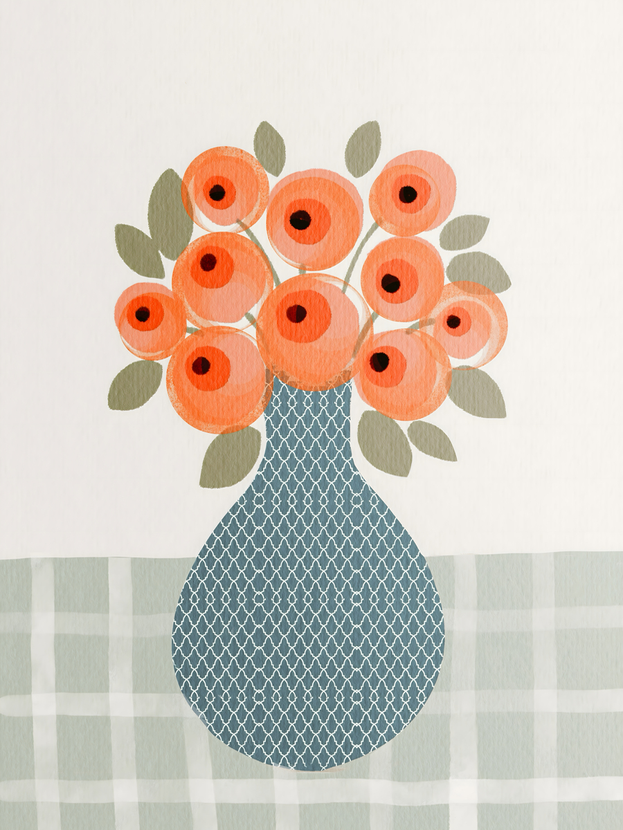Poster mit einem Blumenstrauß in einer blauen Vase auf kariertem Untergrund.