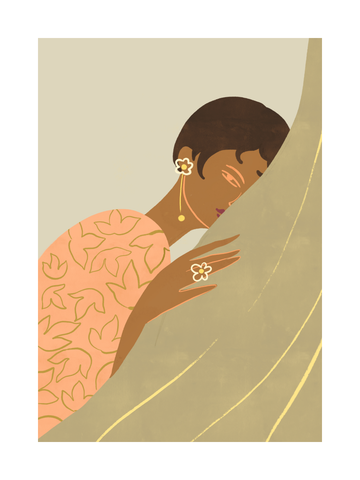 Illustration einer Frau mit einer Blume in der Hand und einem Blumenohrring.
