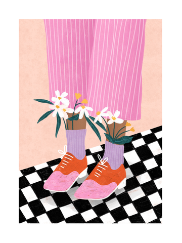 Illustration von Blumen, die aus rosa Schuhen wachsen, mit einer Person in rosa gestreifter Hose auf kariertem Boden.