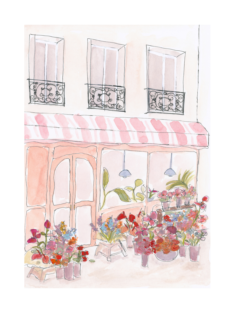 Illustration eines rosa Blumenladens mit bunten Blumen davor.