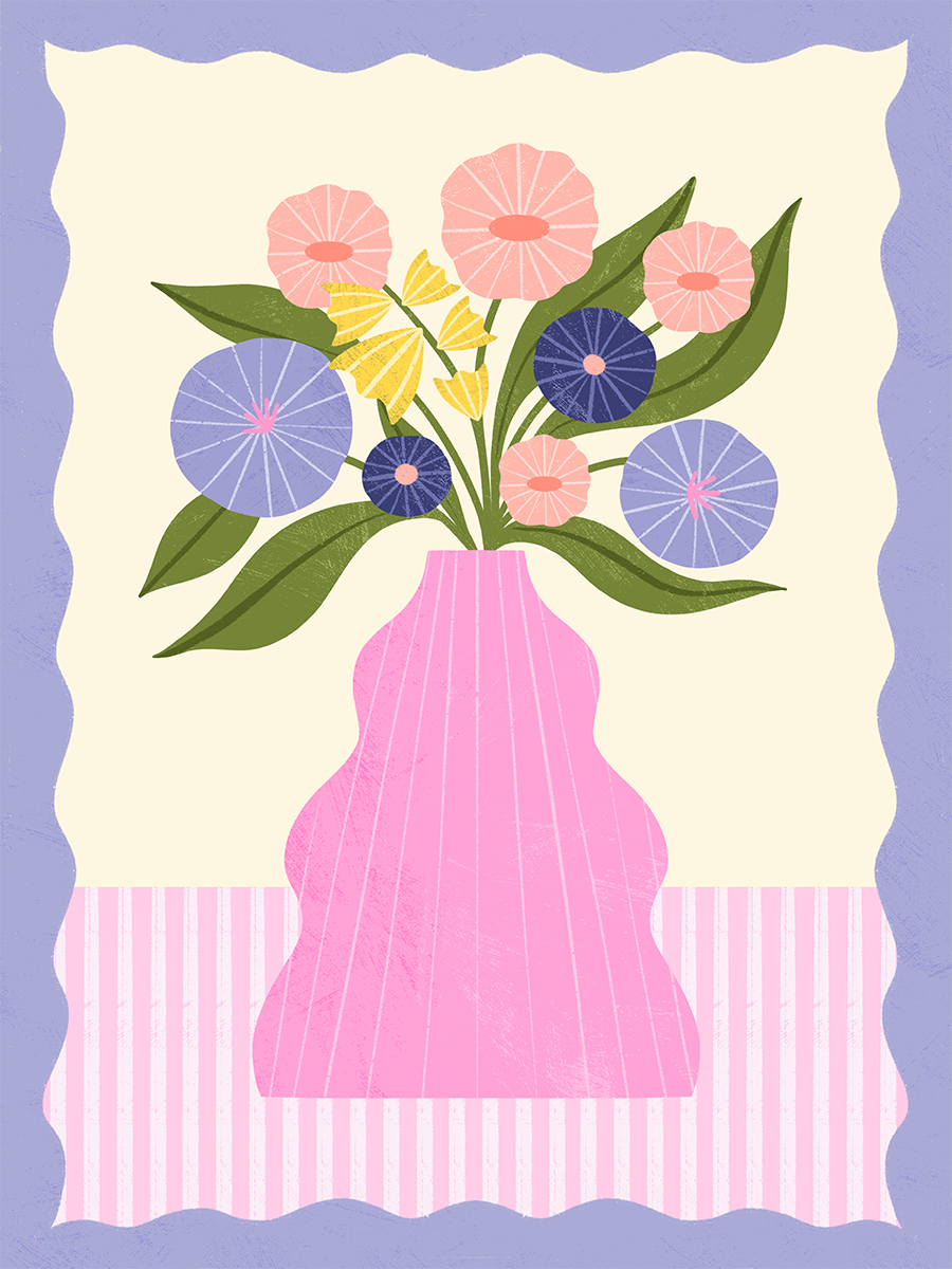 Illustration einer Vase mit einem Blumenstrauß in Rosa und Lila.