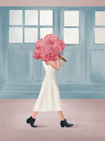 Illustration einer Frau in einem weißen Kleid mit rosa Blumenstrauß vor einem blauen Gebäude.