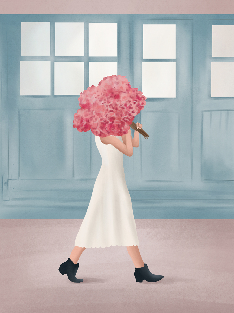 Illustration einer Frau in einem weißen Kleid mit rosa Blumenstrauß vor einem blauen Gebäude.
