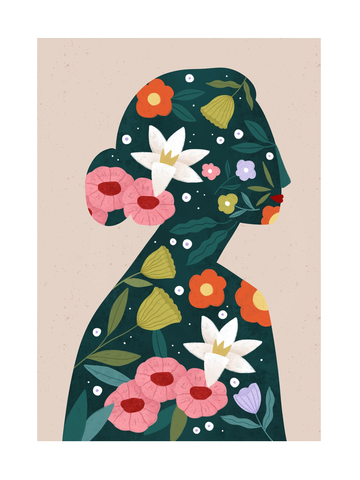 Silhouette einer Frau, gefüllt mit bunten Blumen vor einem beigen Hintergrund.