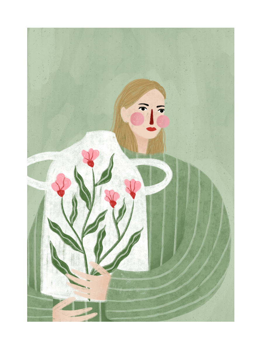 Illustration einer Frau in einem grünen Pullover mit einer weißen Vase voller Blumen vor grünem Hintergrund.