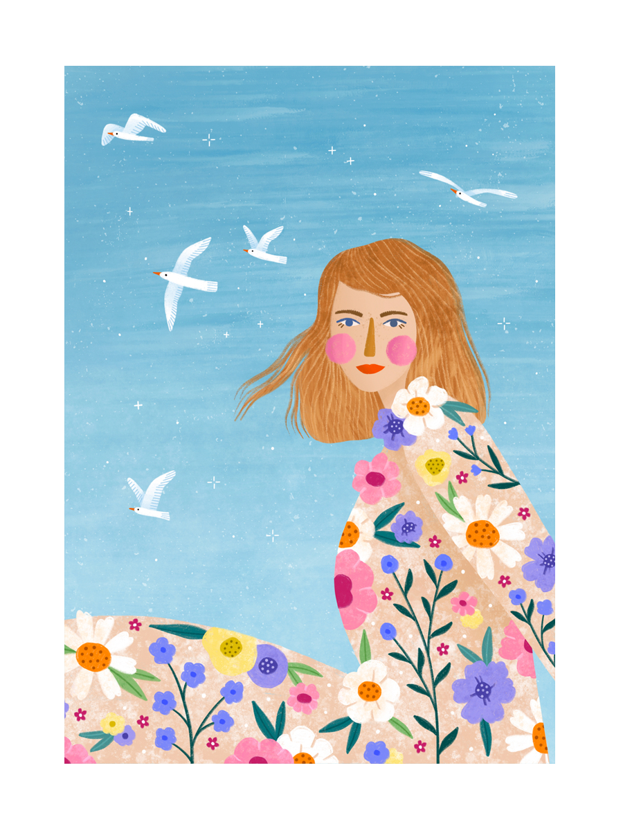Illustration einer Frau mit blonden Haaren in einem bunten Blumenkleid vor einem blauen Himmel mit weißen Vögeln.