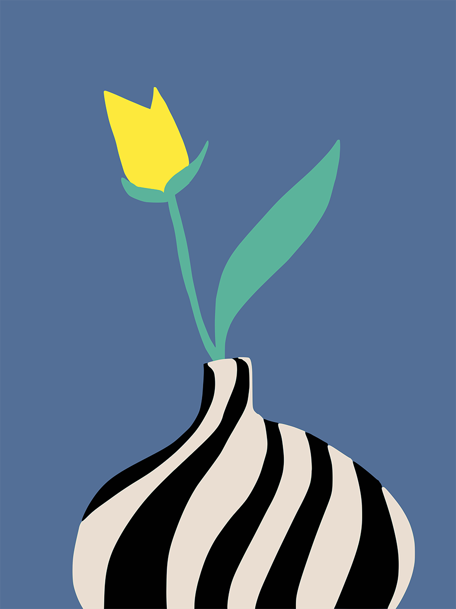 Illustration einer gelben Blume in einer gestreiften Vase vor blauem Hintergrund.