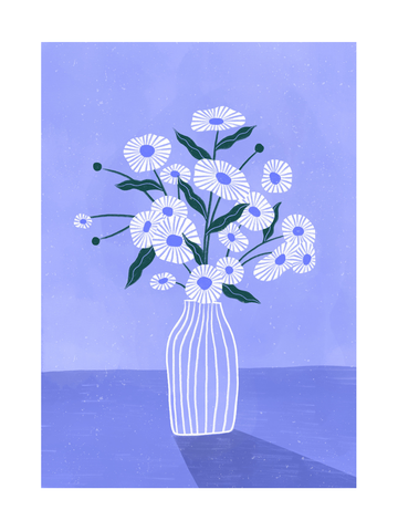 Illustration eines weißen Blumenstraußes in einer Vase vor einem lavendelfarbenen Hintergrund.