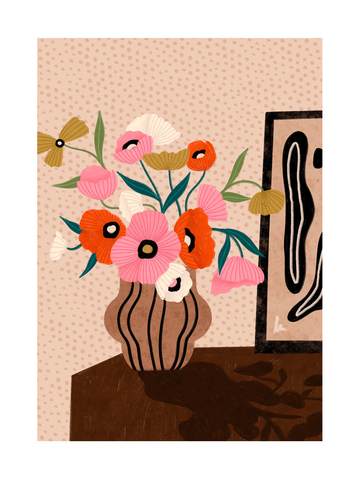 Illustration von Blumen in einem gestreiften Topf mit einem abstrakten Kunstwerk im Hintergrund.