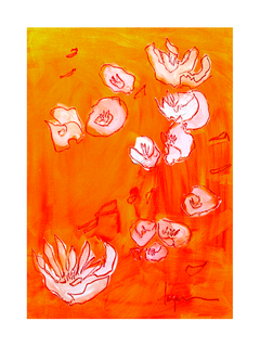 Handgemalte weiße und rosa Blumen auf einem orangefarbenen Hintergrund.