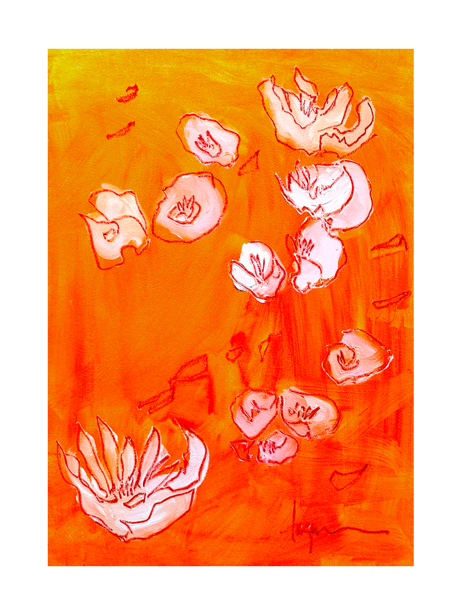 Handgemalte weiße und rosa Blumen auf einem orangefarbenen Hintergrund.