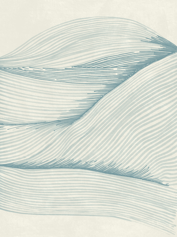 Poster mit geschwungenen Linien in blassem Blaugrün auf beigem Hintergrund.
