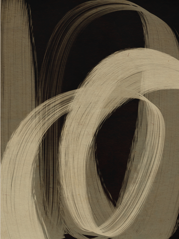 Abstraktes Poster mit beigen Pinselstrichen auf schwarzem Hintergrund.