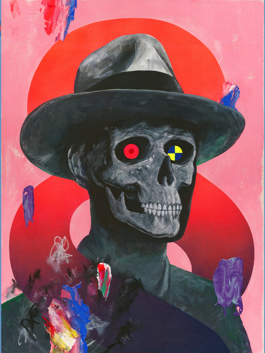 Ein Totenkopf mit einem Auge in Rot und Gelb/Blau, das einen Hut vor einem rot/pinken Hintergrund trägt.