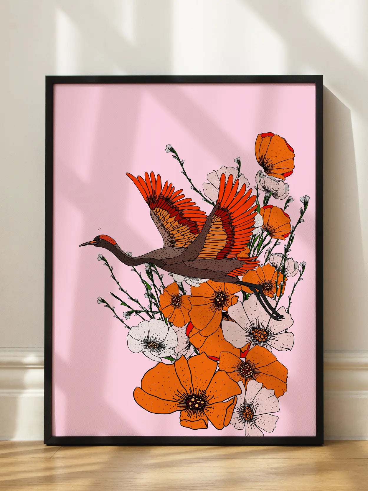Flying Crane Over Orange Poppies
