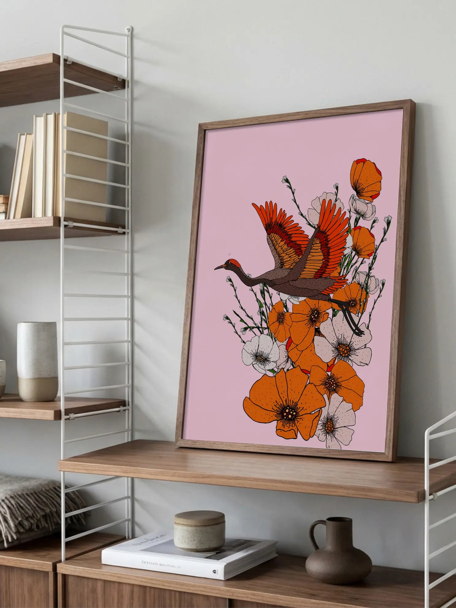 Flying Crane Over Orange Poppies Poster