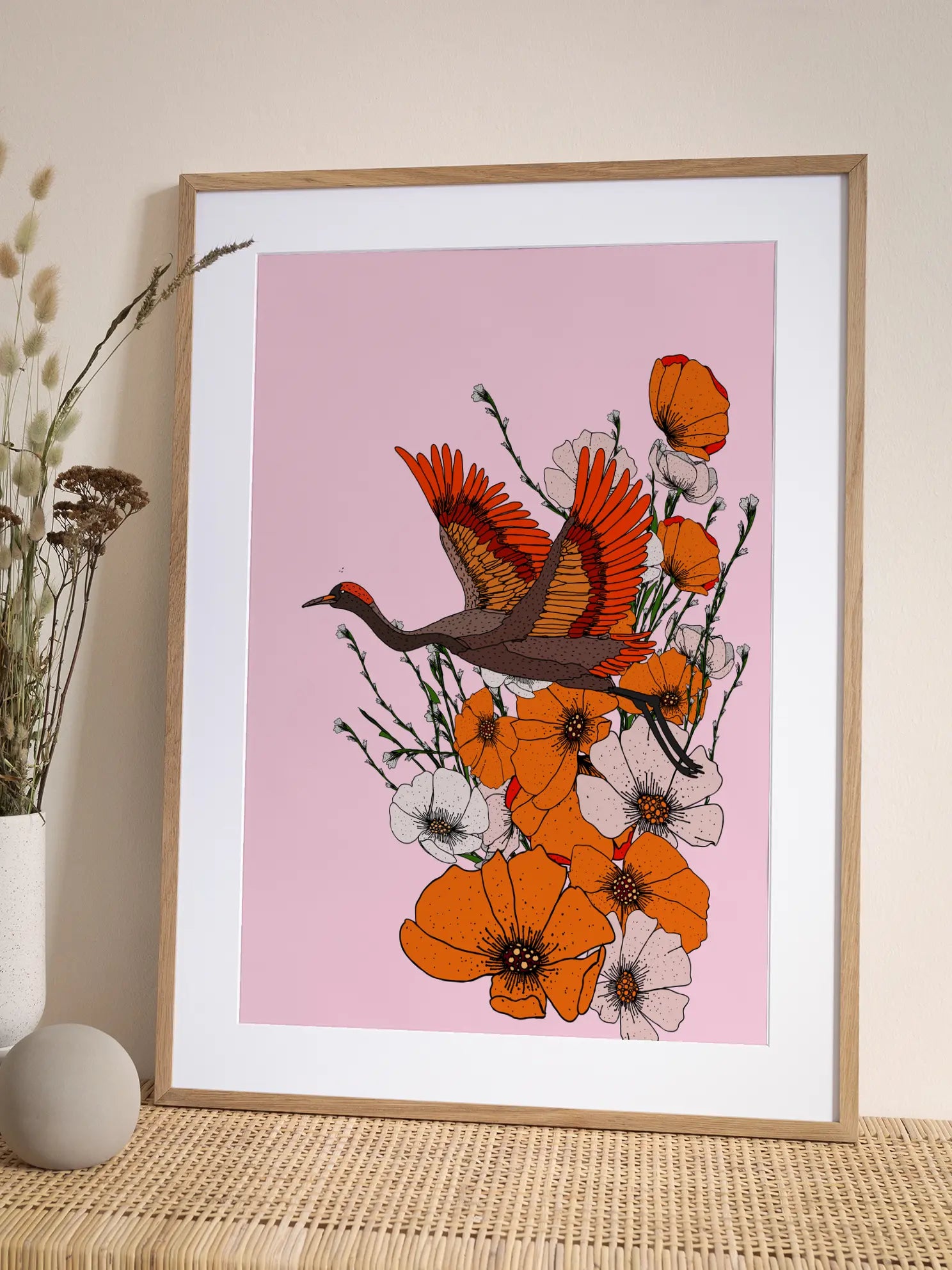 Flying Crane Over Orange Poppies Poster