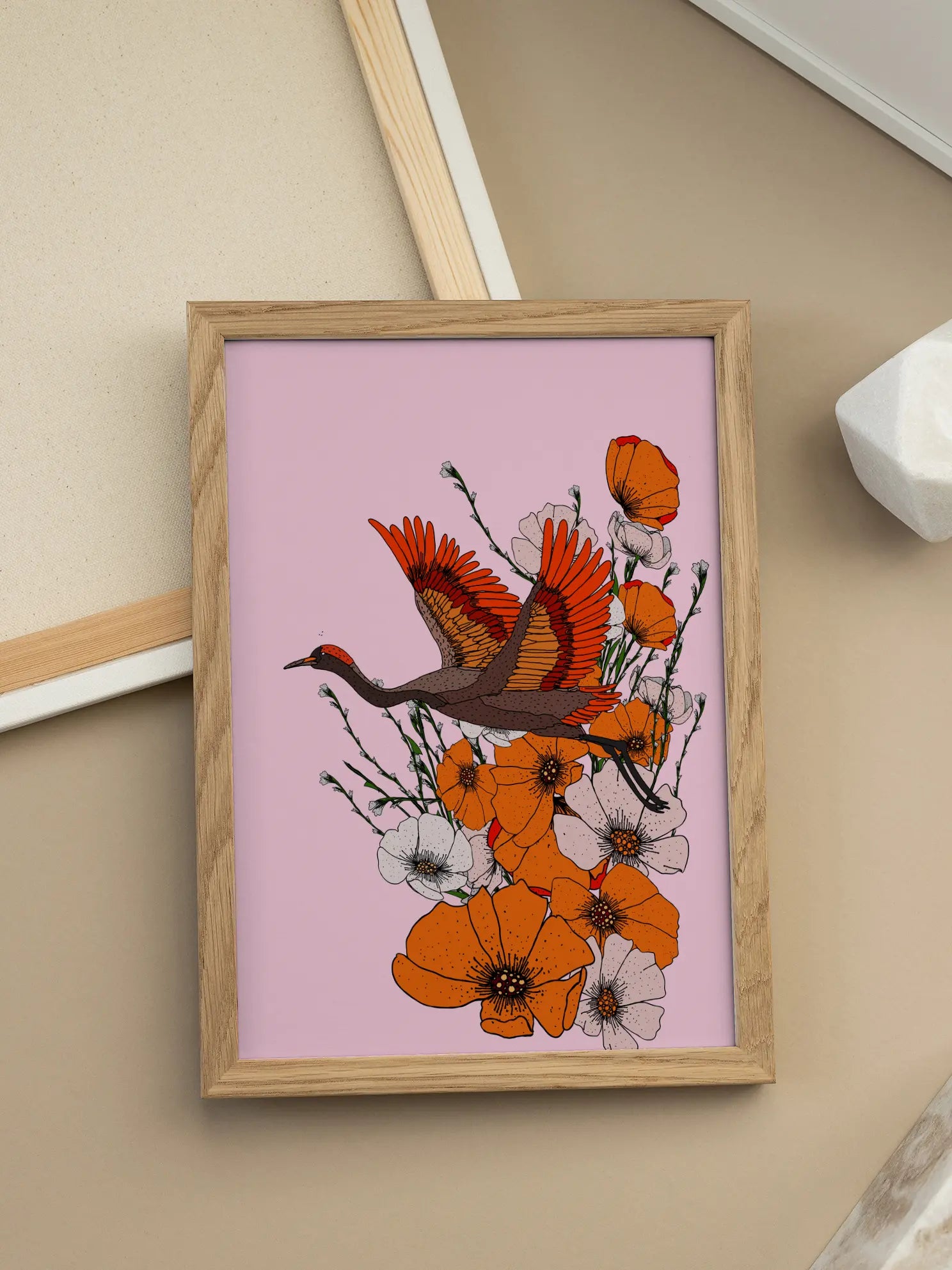 Flying Crane Over Orange Poppies Poster
