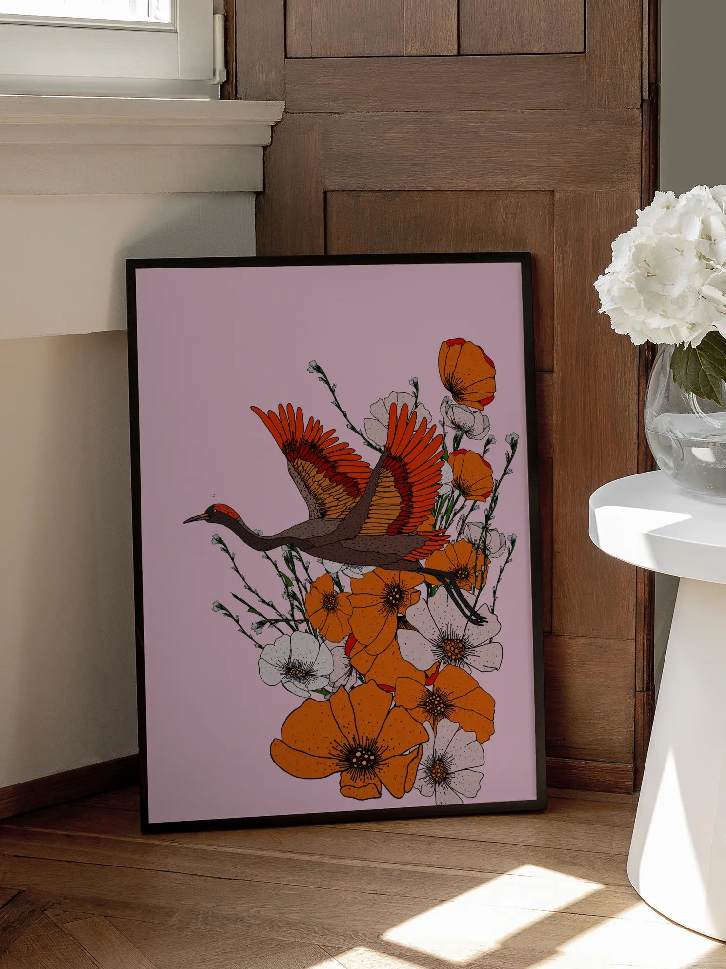Flying Crane Over Orange Poppies Poster