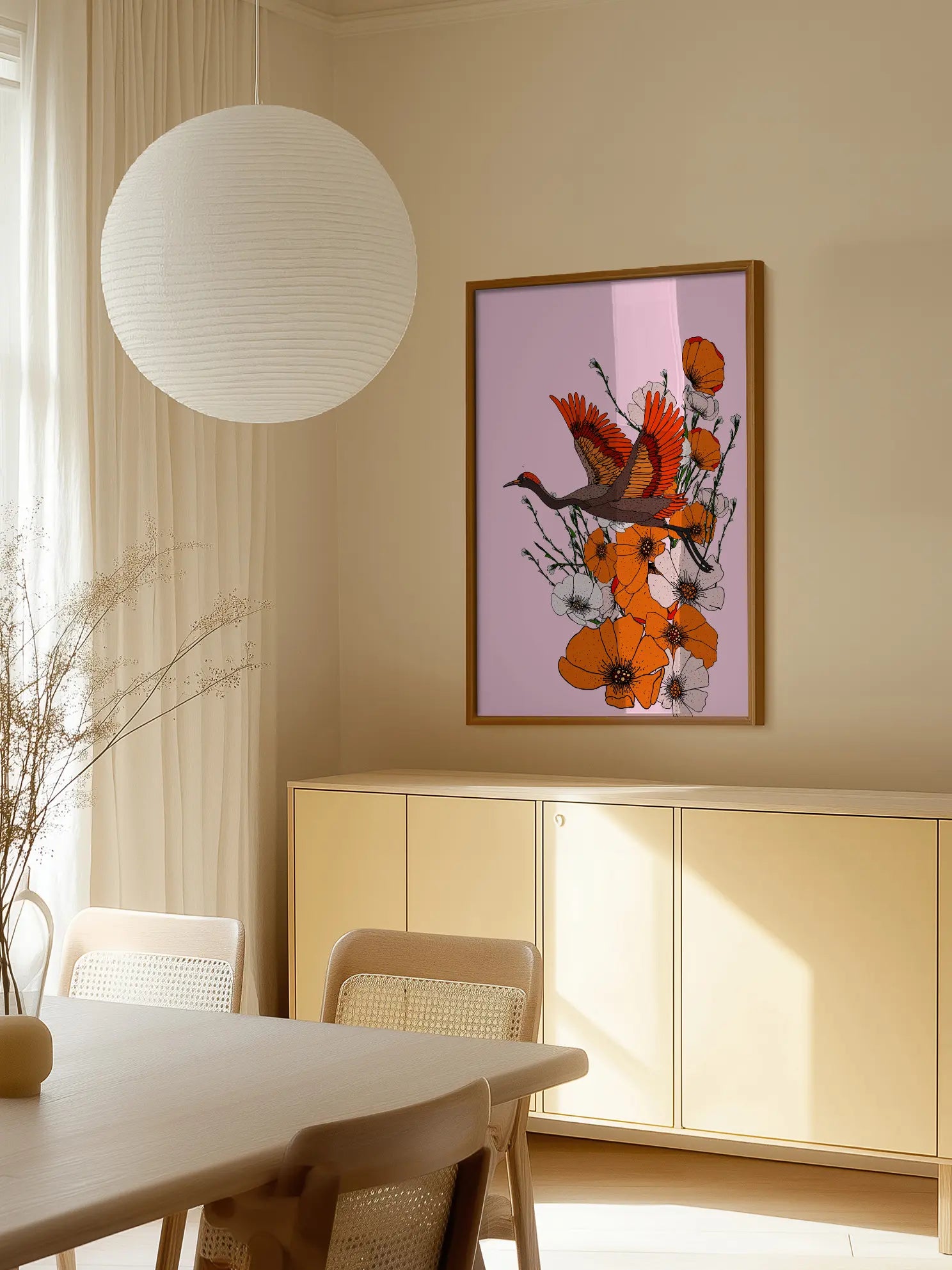 Flying Crane Over Orange Poppies Poster