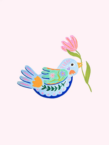 Eine farbenfrohe Illustration eines blauen Vogels im Folk Art Stil der eine rosa Blume hält.