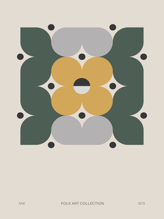 Grafische Illustration mit gelber Blume und grauen und grünen Blättern auf hellbeigem Hintergrund, Text: Folk Art Collection 1975.