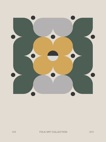 Grafische Illustration mit gelber Blume und grauen und grünen Blättern auf hellbeigem Hintergrund, Text: Folk Art Collection 1975.
