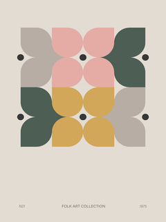 Grafisches Poster mit Blütenblättern in Rosa, Gelb, Grün und Beige und dem Text „FOLK ART COLLECTION 1975“.