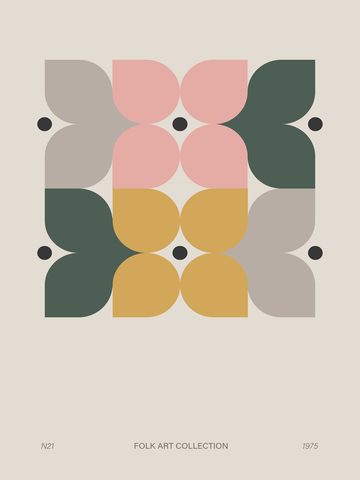 Grafisches Poster mit Blütenblättern in Rosa, Gelb, Grün und Beige und dem Text „FOLK ART COLLECTION 1975“.