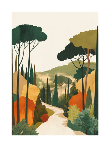 Illustration einer toskanischen Landschaft mit einem Weg zwischen Bäumen in Herbstfarben und klarem Himmel.