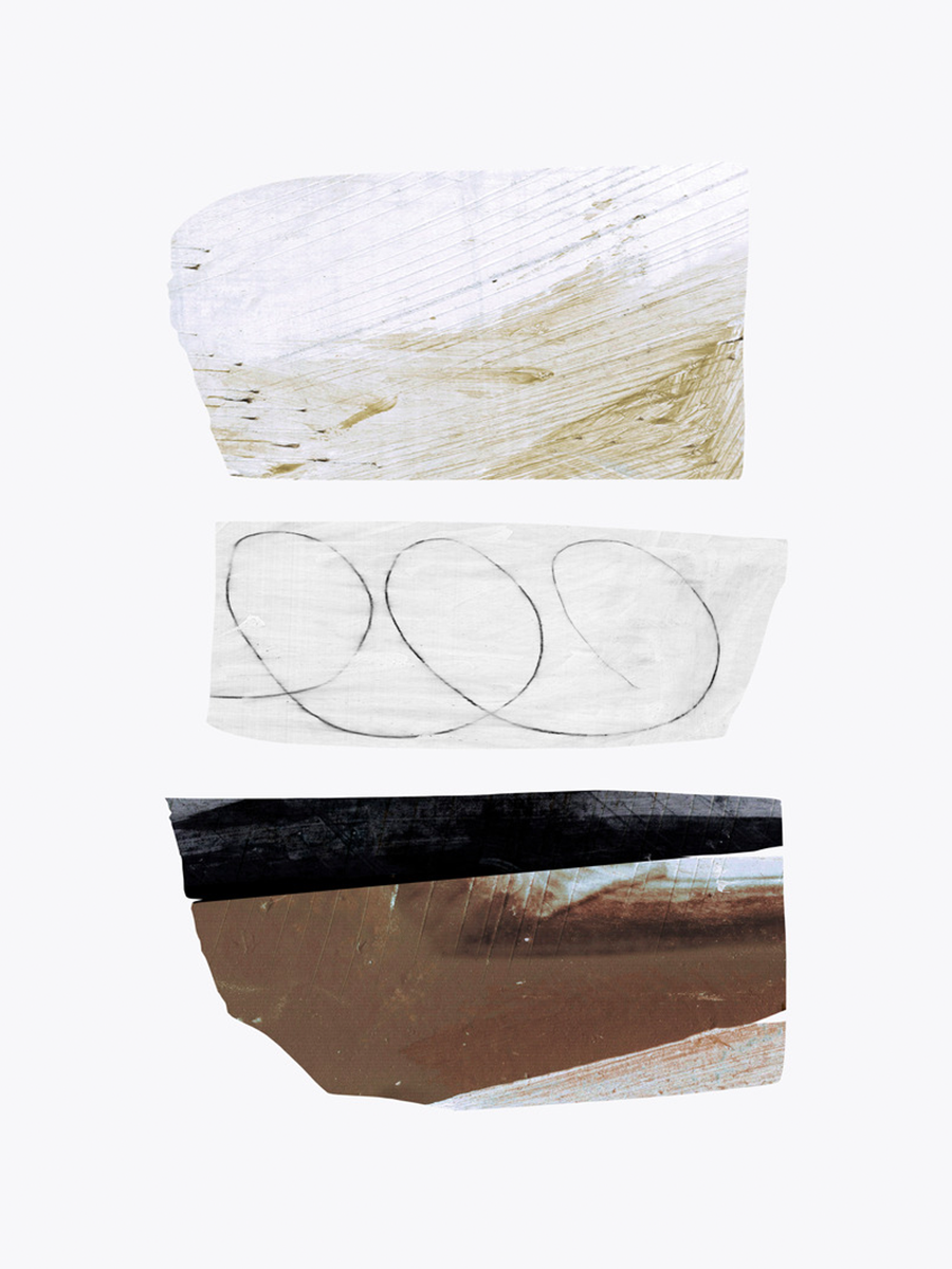 Abstrakte Formen in Schwarz, Weiß und Beige auf grauem Hintergrund.