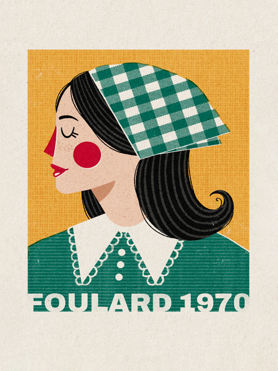 Illustration einer Frau mit grünem Kopftuch und Kleid, gelber Hintergrund, Text "Foulard 1970".