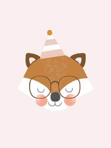 Illustration eines Fuchses mit Brille und Partyhut auf hellrosa Hintergrund.