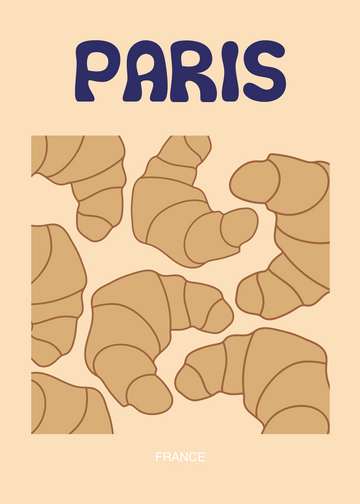 Grafische Illustration von Croissants vor einem beigen Hintergrund mit dem Text Paris France.