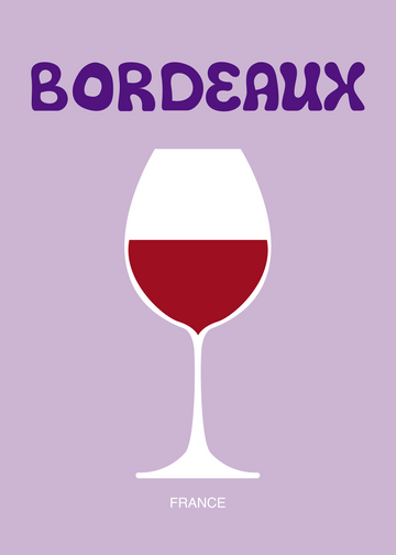 Grafische Illustration eines Bordeaux-Weinglases auf lila Hintergrund mit Text "Bordeaux" oben und "France" unten.