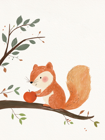 Ein Eichhörnchen mit einem Apfel auf einem Ast, umgeben von Blättern.