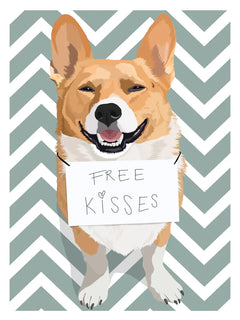 Ein Corgi-Hund mit einem Schild „Free kisses“ vor einem grünen Zickzack-Hintergrund.