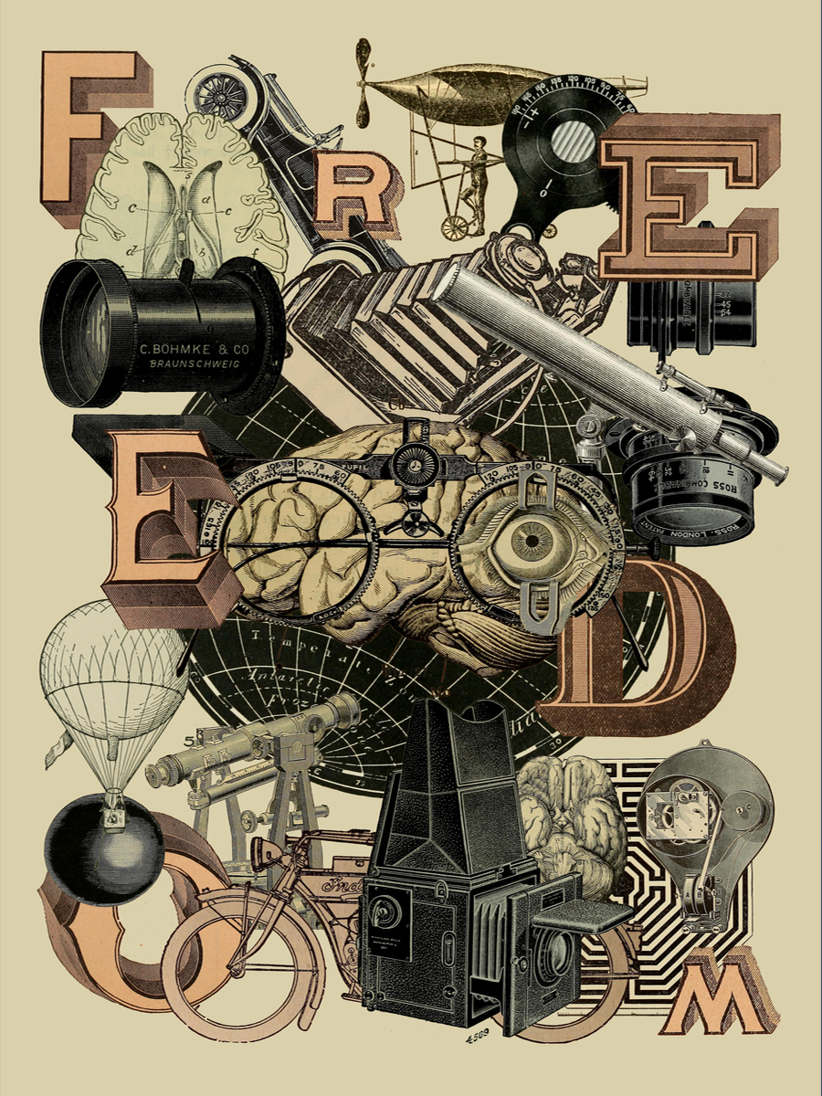 Collage von Maschinen und dem Wort "FREEDOM" in großen Buchstaben.