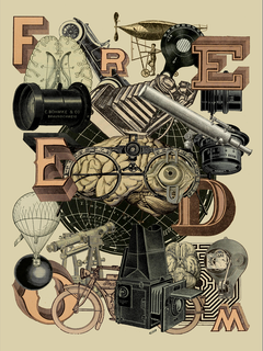 Collage von Maschinen und dem Wort "FREEDOM" in großen Buchstaben.