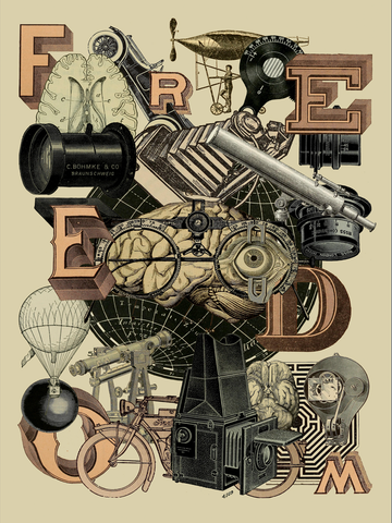 Collage von Maschinen und dem Wort "FREEDOM" in großen Buchstaben.